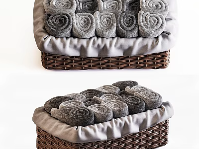 Soft Gray Rolled Towels in Wicker Storage Baskets for Daily Household Use 3d model