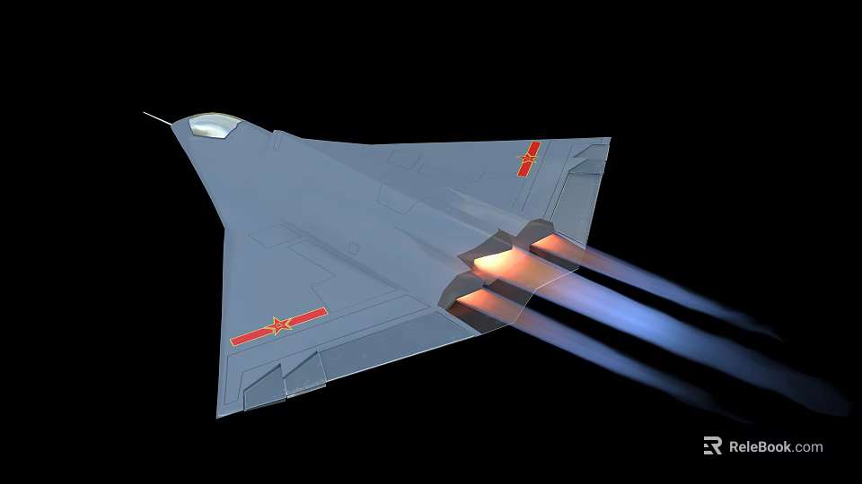 Gray Fighter Jet With Red Emblems And Jet Engines Emitting Flames And Blue Trails 3d model 