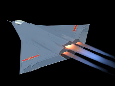 Gray Fighter Jet With Red Emblems And Jet Engines Emitting Flames And Blue Trails 3d model