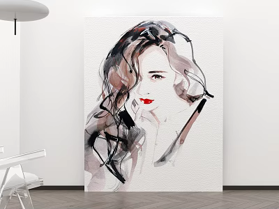 Watercolor Female Portrait Painting With Flowing Hair And Red Lips For Home Decor 3d model