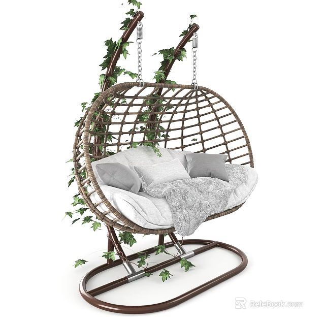 Wicker Hanging Chair With Cushions Blanket And Ivy Plants 3d model 