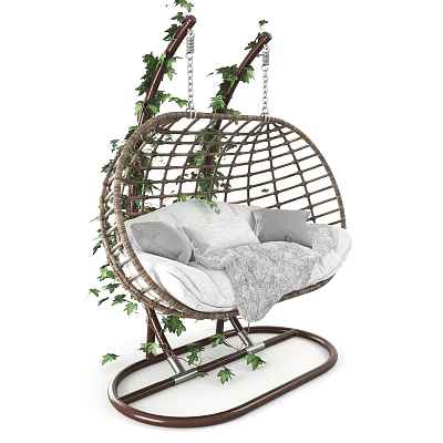 Wicker Hanging Chair With Cushions Blanket And Ivy Plants 3d model