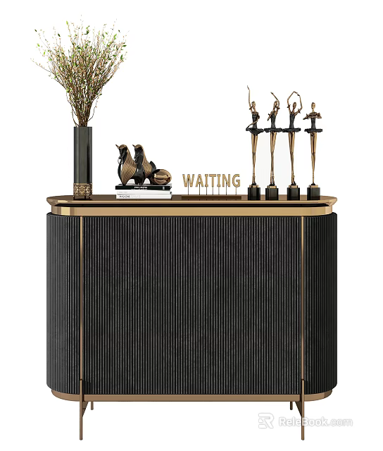 Black Entryway Console Table with Gold Trim Vertical Stripes Decorative Vase Horse Figurines and Trophies 3d model 