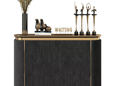 Black Entryway Console Table with Gold Trim Vertical Stripes Decorative Vase Horse Figurines and Trophies 3d model