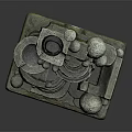 Green Textured Garden Ornament with Unique Geometric Design Featuring Spheres Cylinders and Stepped Structures