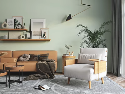 Light Brown Sofa and Wooden Coffee Table Set with Accent Chair Green Plant and Decorative Shelf 3d model