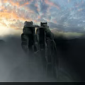 Scenic Mountain Cliff With Ancient Buildings And Sunset Sky Over Green Hills
