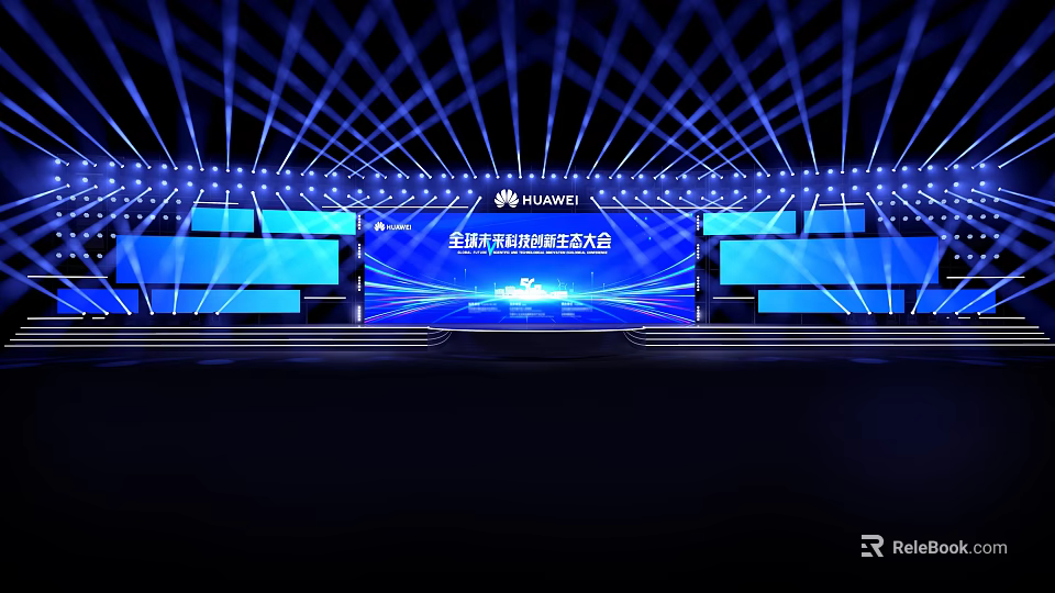 Modern Ballroom With Blue Lighting Stage And Large Display Screens 3d model