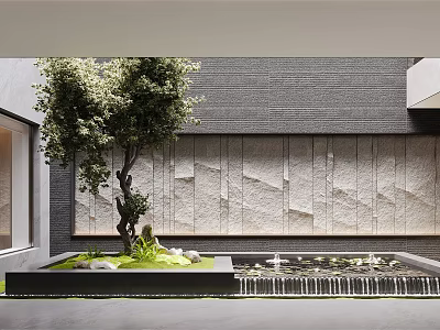 Modern Garden Design with Large Tree Water Fountain Stone Wall and Green Lawn Features 3d model