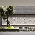 Modern Garden Design with Large Tree Water Fountain Stone Wall and Green Lawn Features