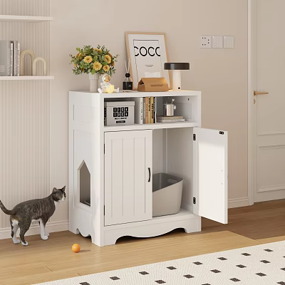 White Pet Cabinet with Open Door for Cat Litter Box and Decorative Items on Top 3d model