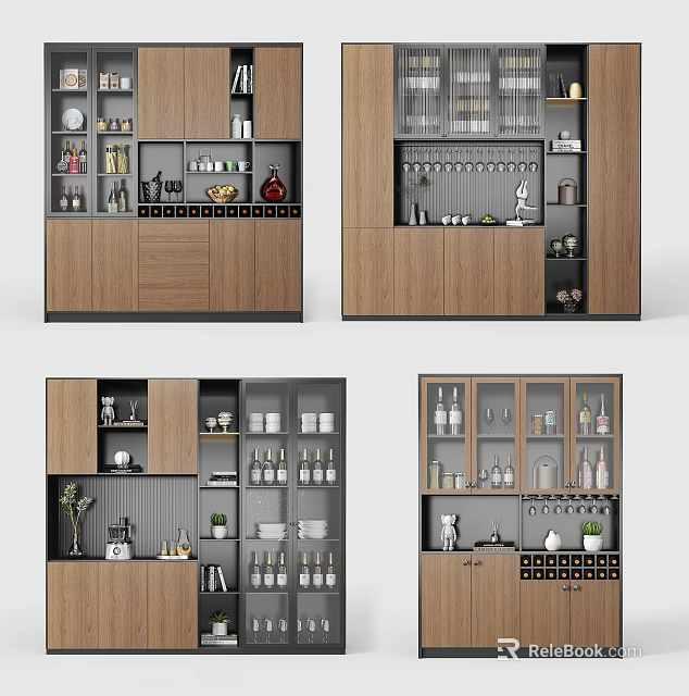Modern Wooden Wine Cabinet Design With Glass Doors Wine Bottles And Decorative Items 3d model 