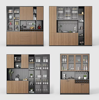 Modern Wooden Wine Cabinet Design With Glass Doors Wine Bottles And Decorative Items 3d model