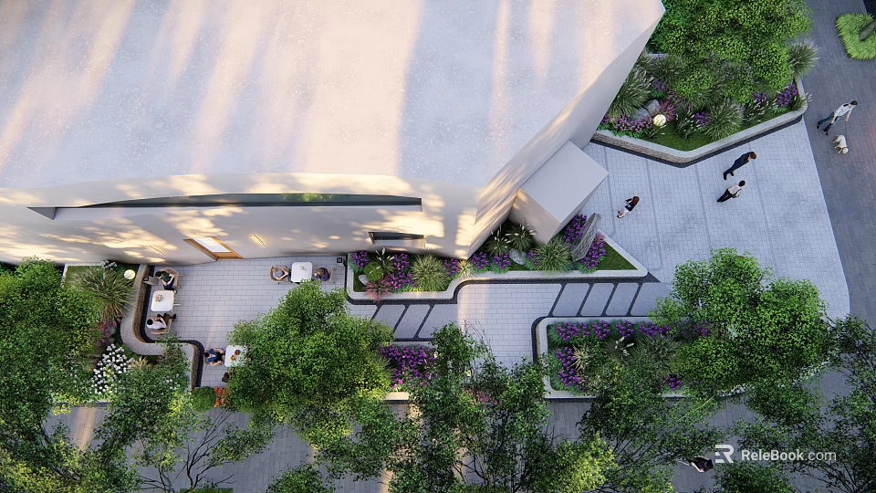 Modern Urban Plaza Landscape With Contemporary Building Lush Greenery And Stone Pathways 3d model 