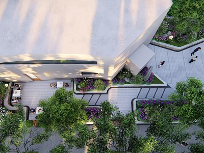 Modern Urban Plaza Landscape With Contemporary Building Lush Greenery And Stone Pathways 3d model