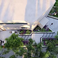 Modern Urban Plaza Landscape With Contemporary Building Lush Greenery And Stone Pathways