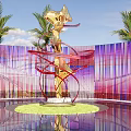 Golden Human Shaped Sculpture Featuring Red Spiral Structures Palm Trees And Colorful Vertical Striped Wall