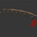 Ancient Historical Arched Structure Display With Standing Statues And Red Flag