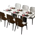Modern Dining Table Set With Marble Top And Six Chairs Dinnerware Setting 3d model