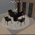 Modern Black Round Dining Table With Brown Chairs And Decorative Items On Rug 3d model