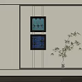 Modern Wall Decor With Teal Navy Blue Geometric Artwork And Bamboo Plant