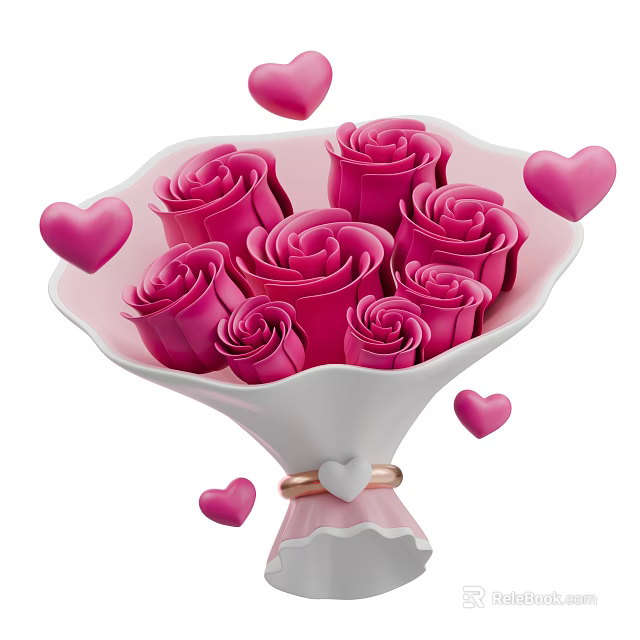 Elegant Pink Roses Bouquet in White Vase with Heart Decorations 3d model 