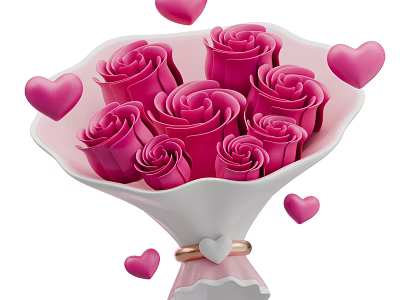 Elegant Pink Roses Bouquet in White Vase with Heart Decorations 3d model