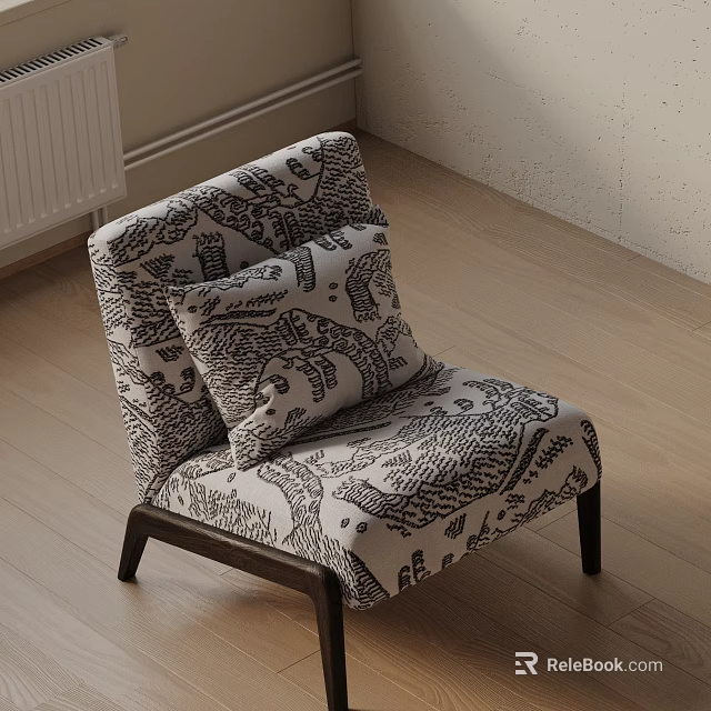 Modern Accent Chair with Black and White Pattern and Wooden Legs on Light Wooden Floor 3d model 