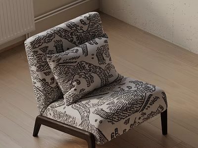 Modern Accent Chair with Black and White Pattern and Wooden Legs on Light Wooden Floor 3d model