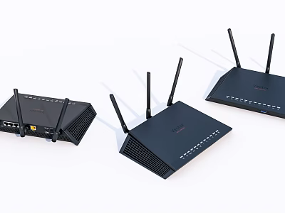 Black Wireless Routers With Multiple Antennas For Home And Office Network 3d model