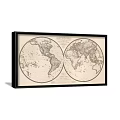 Vintage World Map With Double Hemispheres Framed Wall Decor Artwork 3d model