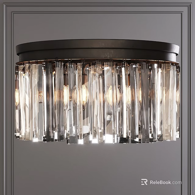 Elegant Modern Flush Mount Ceiling Light With Black Frame And Clear Crystal Strips 3d model 