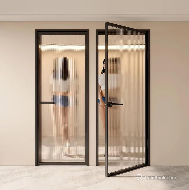 Modern Interior Hinged Door With Black Frame And Vertical Striped Glass Design 3d model 
