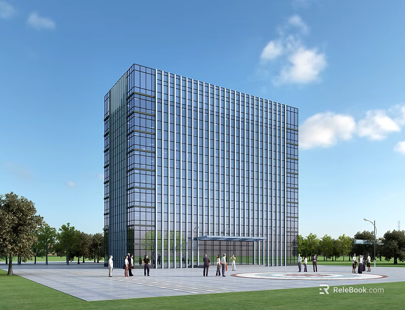 Modern Tall Office Building Featuring Glass Curtain Wall And People In Front Plaza With Trees 3d model 