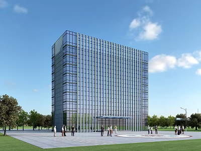 Modern Tall Office Building Featuring Glass Curtain Wall And People In Front Plaza With Trees 3d model