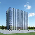 Modern Tall Office Building Featuring Glass Curtain Wall And People In Front Plaza With Trees