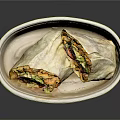 Delicious Cut Burrito With Meat Vegetables And Fries In Paper Bowl