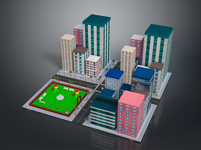Colorful City Model With High Rise Buildings And Central Green Park Area 3d model