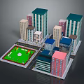 Colorful City Model With High Rise Buildings And Central Green Park Area