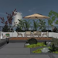 Roof Terrace Garden with Umbrella Table Chairs Various Plants Stone Path Lawn and Decorative Stones