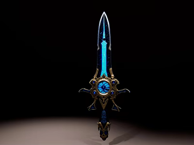 Fantasy Glowing Sword with Golden Ornate Hilt and Blue Gemstones Elegant Weapon Design 3d model