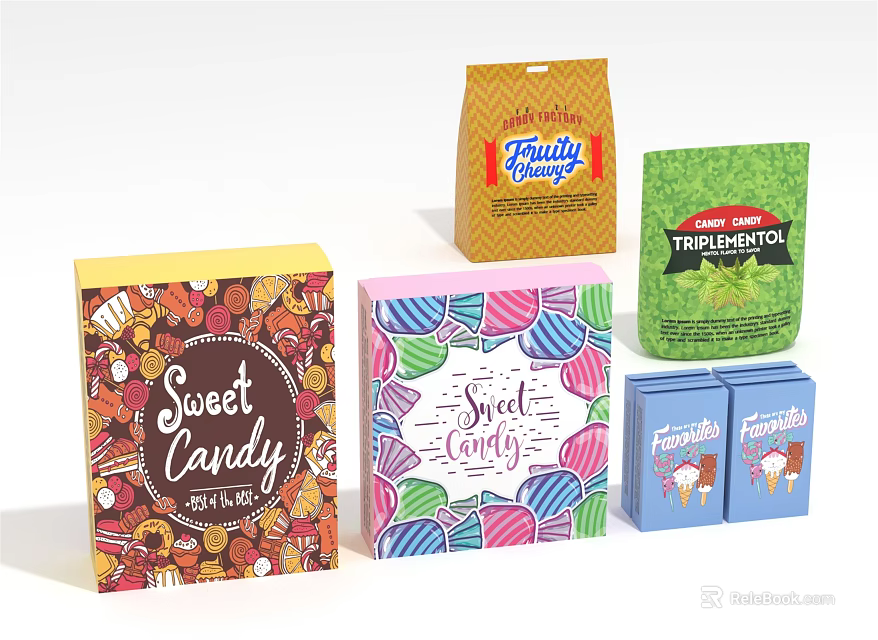 Colorful Sweet Candy Boxes And Bags With Fruitty Snacks And Mint Treats 3d model 