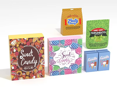 Colorful Sweet Candy Boxes And Bags With Fruitty Snacks And Mint Treats 3d model