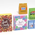 Colorful Sweet Candy Boxes And Bags With Fruitty Snacks And Mint Treats