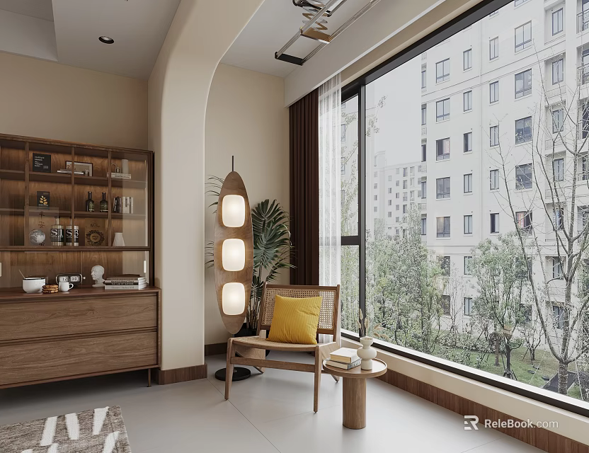 Modern Home Balcony With Large Windows Scenic View Wooden Cabinet Cozy Chair And Decorative Lamp 3d model 