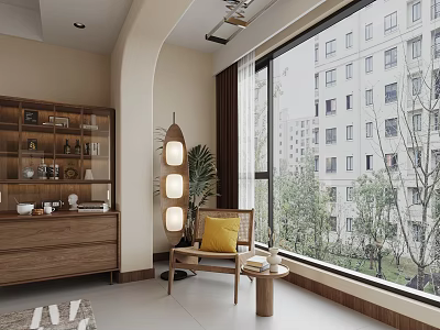 Modern Home Balcony With Large Windows Scenic View Wooden Cabinet Cozy Chair And Decorative Lamp 3d model