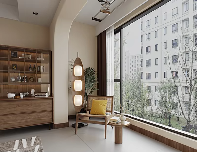 Modern Home Balcony With Large Windows Scenic View Wooden Cabinet Cozy Chair And Decorative Lamp 3d model