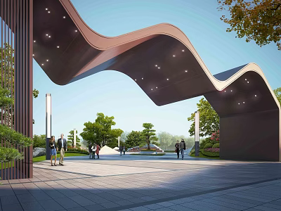 Modern Illuminated Wavy Entrance Gate with Trees and Pedestrians in Plaza 3d model