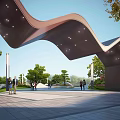Modern Illuminated Wavy Entrance Gate with Trees and Pedestrians in Plaza