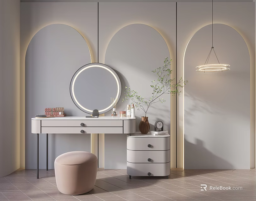Modern Dressing Table with Round Mirror Beige Stool Hanging Light and Drawers 3d model 